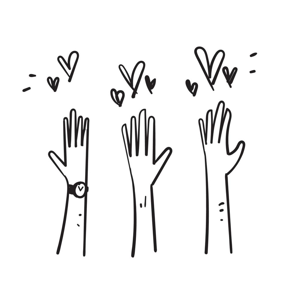 hand drawn doodle raise hand s and love symbol for Volunteering icon vector