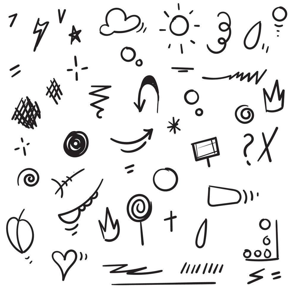 Abstract hand drawn vector symbols set. Hearts, circles, doodles pack with Geometric shapes and marker scribbles, Ink, pencil, brush smears. Spot, cross, arrow, leaf doodle cartoon