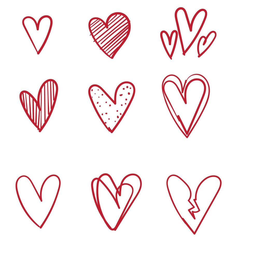 doodle heart collection with red color handdrawn style vector