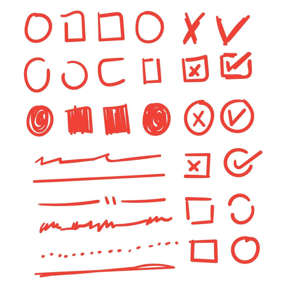 Doodle check marks and underlines. Hand drawn red strokes and pen markings V marks for list items vector