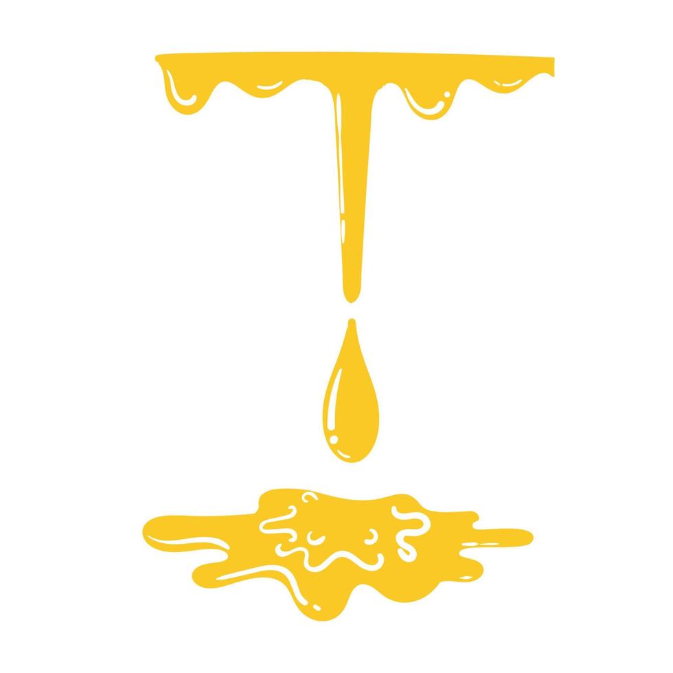 hand drawn doodle Dripping honey. Golden yellow cartoon syrup or juice dripping liquid oil splashes isolated vector