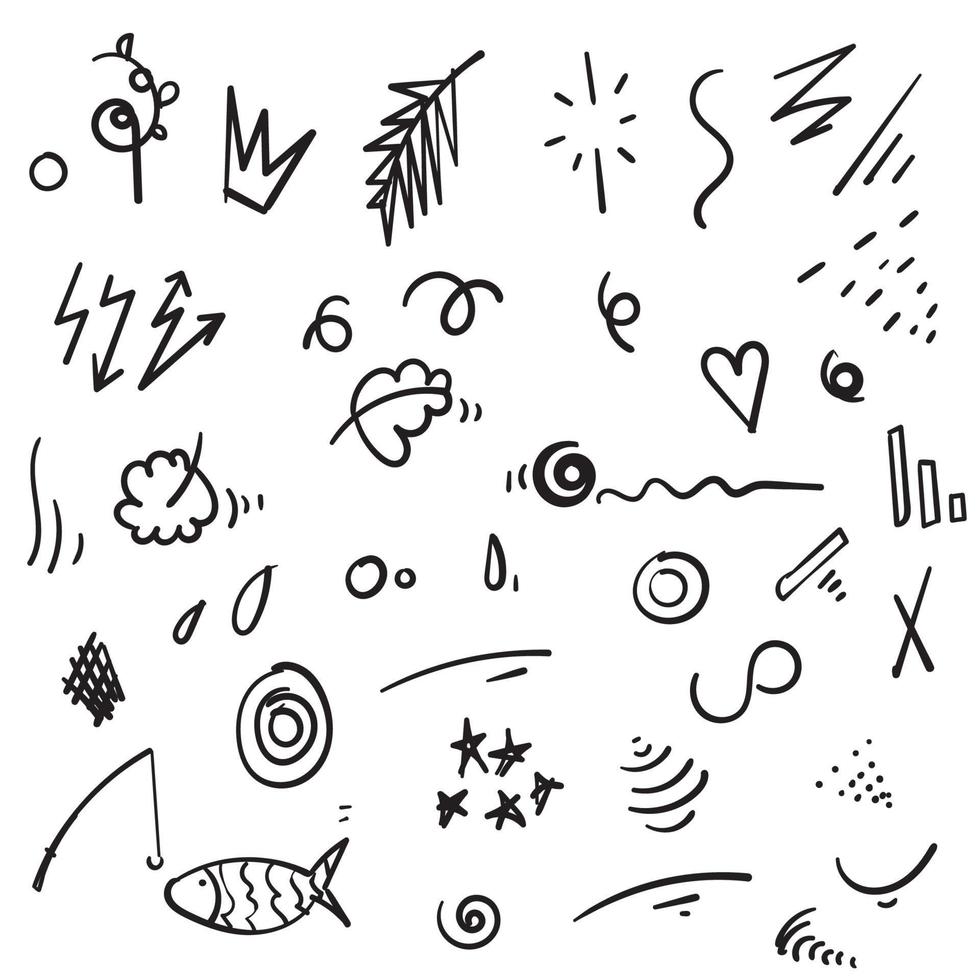 Conjunto de símbolos vectoriales dibujados a mano abstractos. corazones, círculos, paquete de garabatos con formas geométricas y garabatos de marcadores, tinta, lápiz, manchas de pincel. mancha, cruz, flecha, hoja de dibujos animados de doodle vector