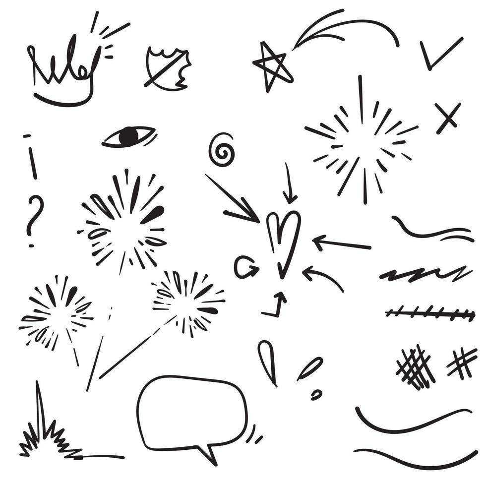 Doodle conjunto de elementos, negro sobre fondo blanco. flecha, corazón, amor, estrella, hoja, sol, luz, flor, corona, rey, reina, swishes, swoops, énfasis, remolino, corazón, para el diseño de concepto. estilo handdrawn vector