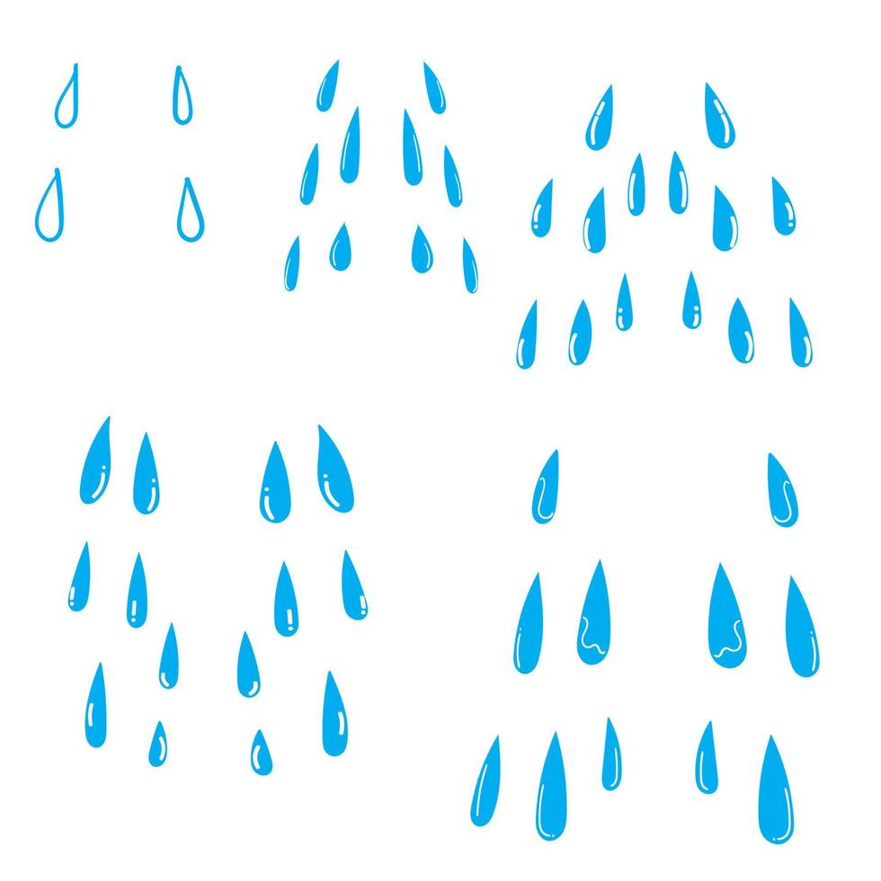 gotas de lágrimas. aflicción, chorros de llanto, lágrimas o gotas de sudor. chorro de lágrimas llorando ojos húmedos o gotas de lluvia salpican la forma. gotas de lluvia aisladas con estilo doodle handdrawn vector