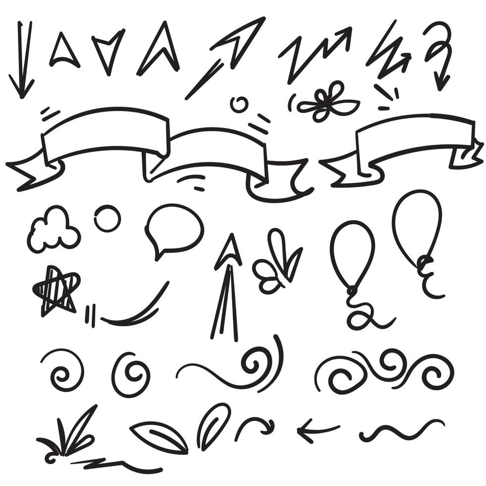 Doodle abstracto flechas, cintas y otros elementos en estilo dibujado a mano para el vector de diseño de concepto