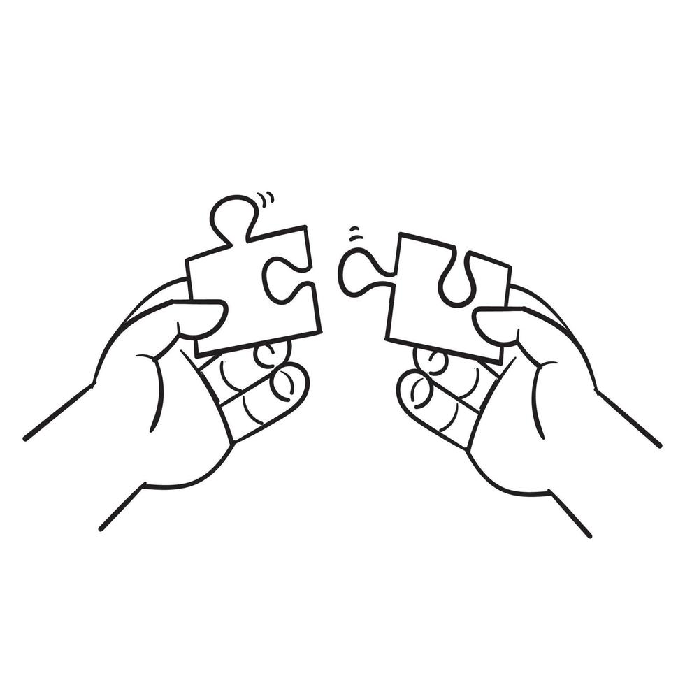 hand drawing of hands solving jigsaw puzzle illustration in doodle style vector