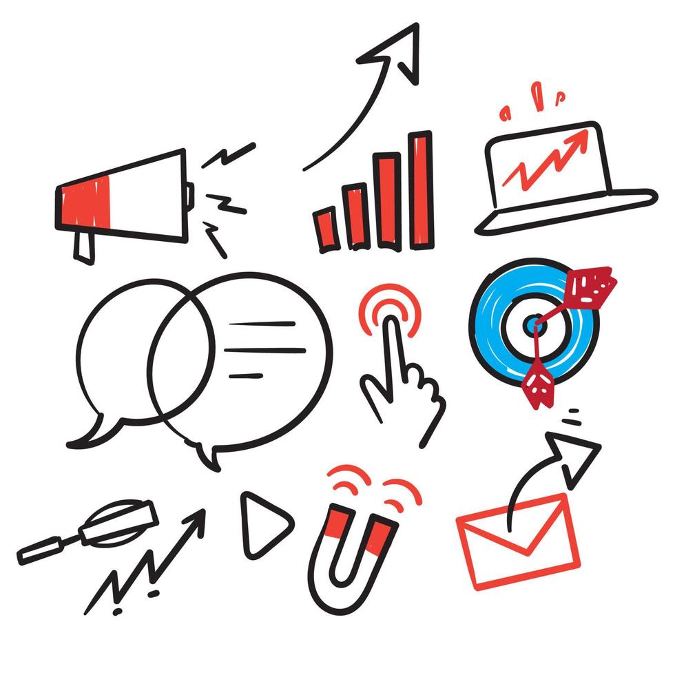 conjunto dibujado a mano de iconos de marketing, seo, análisis, anuncios, doodle de ilustración de icono de negocio vector