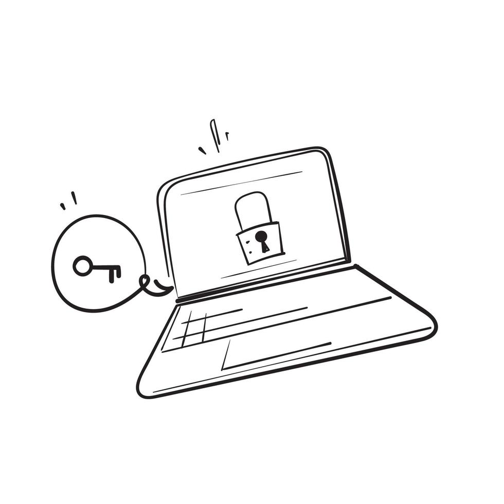 hand drawn doodle laptop and padlock symbol for data Protection and Security illustration vector