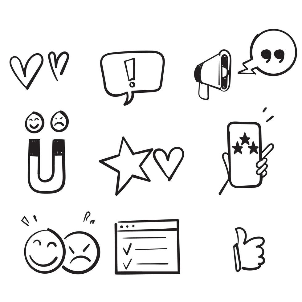 hand drawn doodle set of feedback icons, research, comment, review, customer, survey, social media isolated background vector