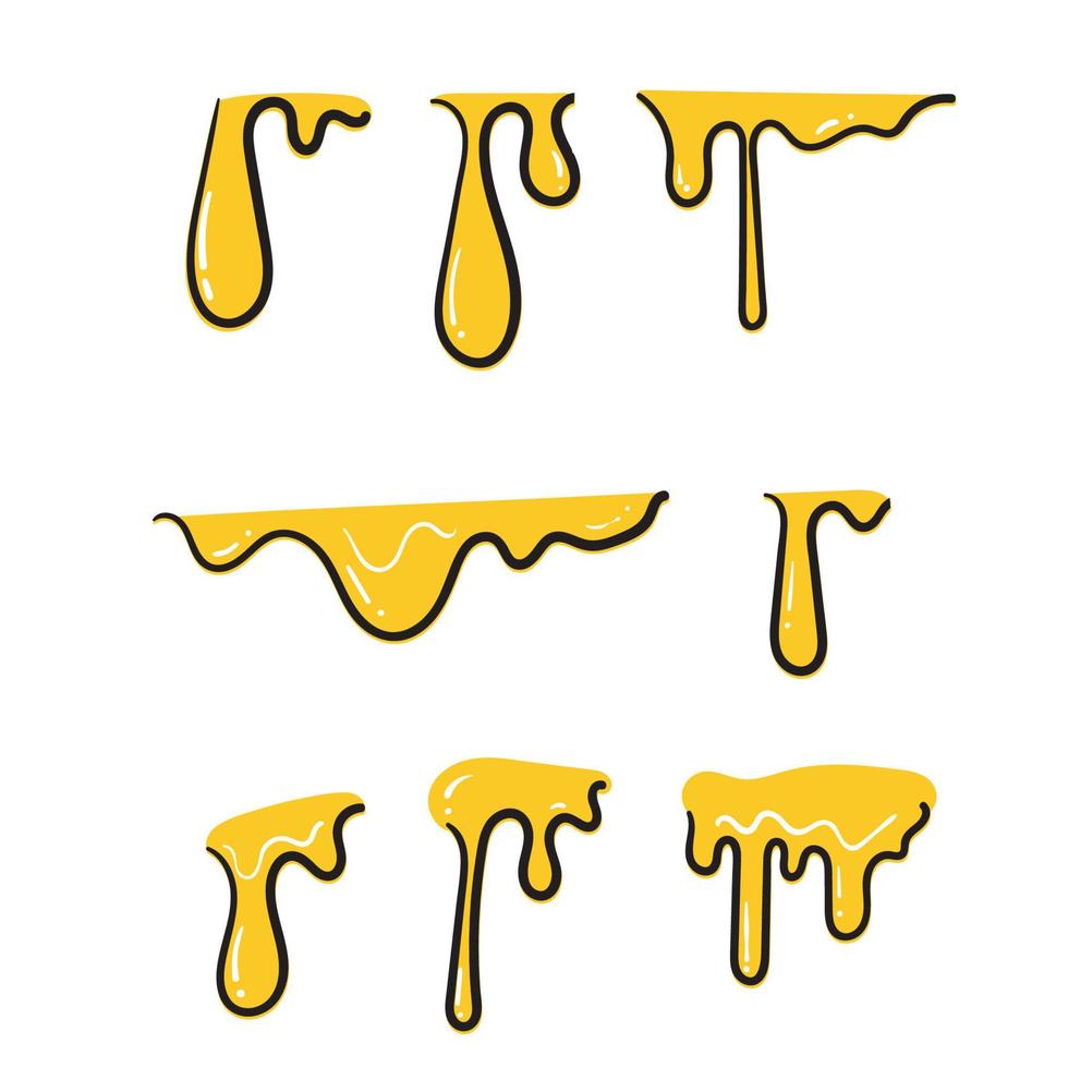 hand drawn doodle Dripping honey. Golden yellow cartoon syrup or juice dripping liquid oil splashes isolated vector