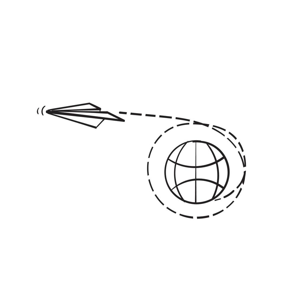 hand drawn doodle globe and paper plane track symbol for journey illustration isolated vector