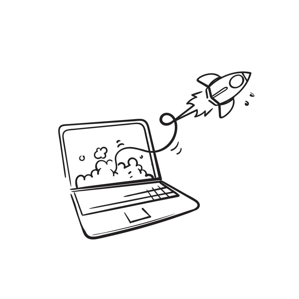 hand drawn doodle rocket launch from laptop or computer symbol for start up launch illustration vector