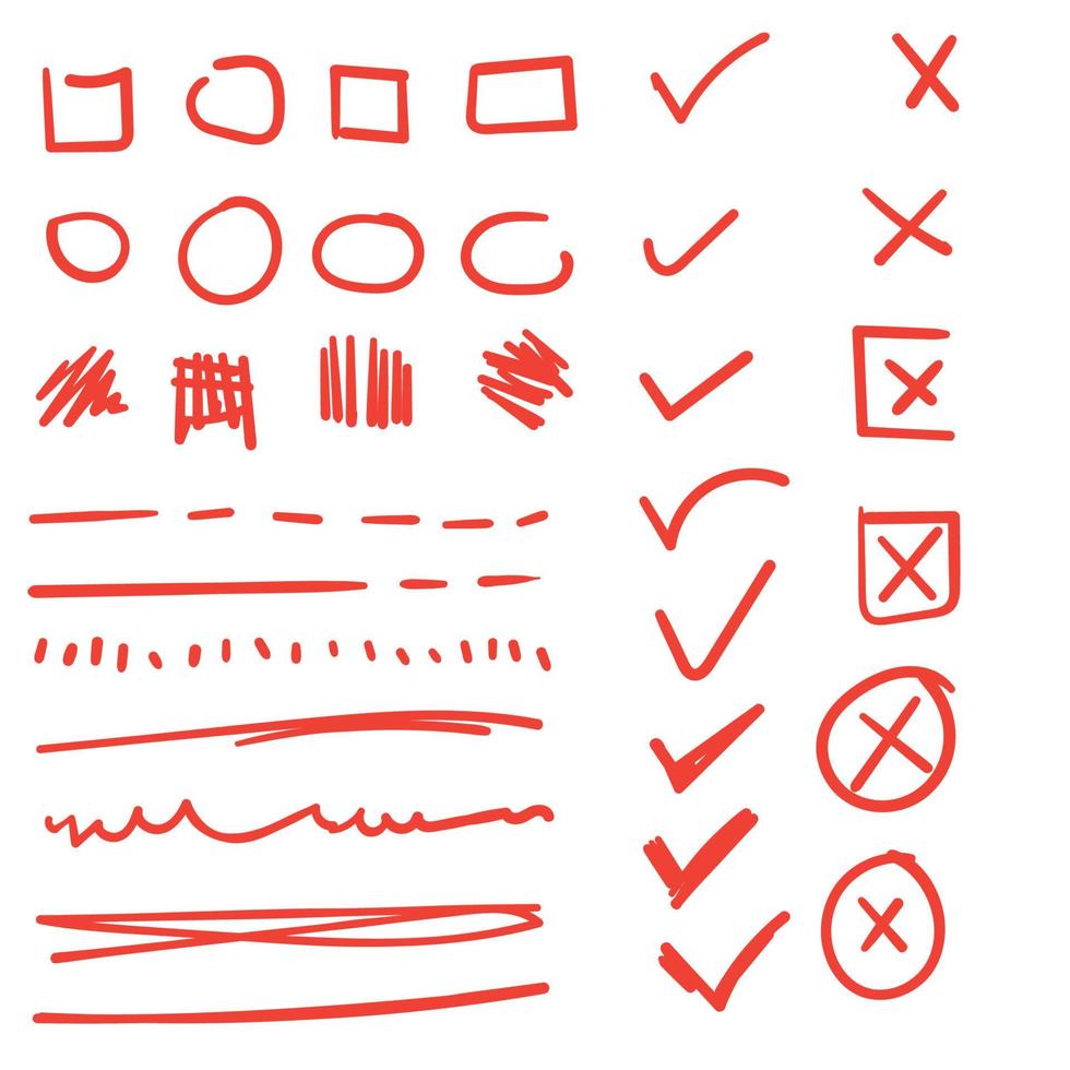 Doodle check marks and underlines. Hand drawn red strokes and pen markings V marks for list items vector