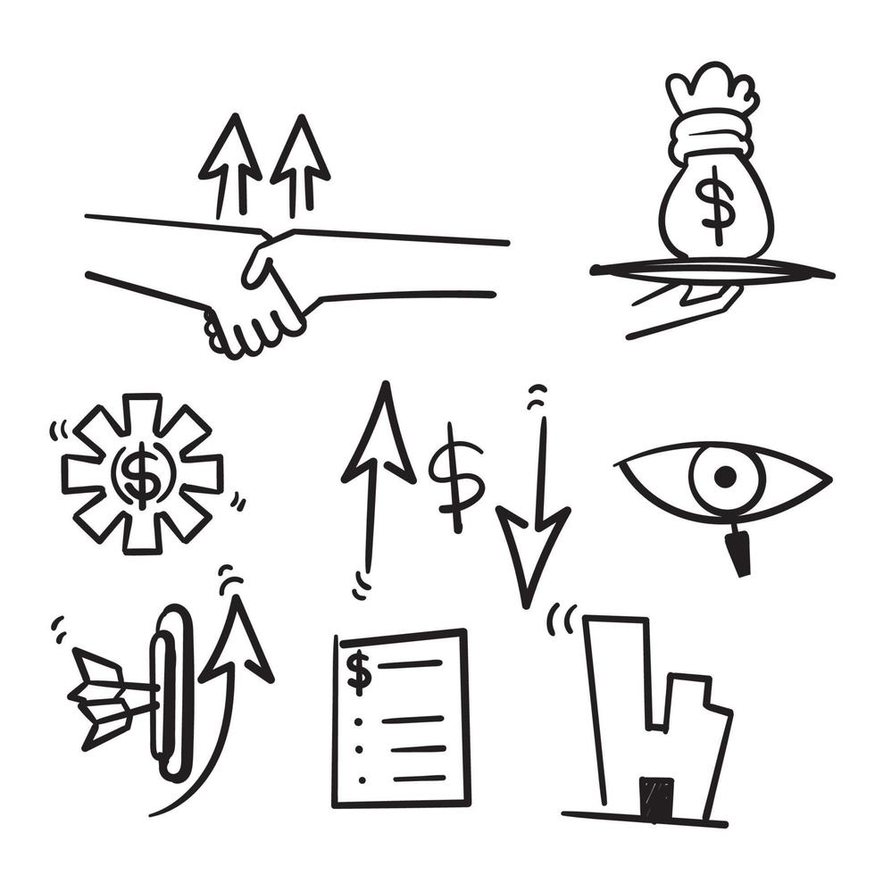 Conjunto de vectores dibujados a mano de iconos lineales relacionados con la gestión financiera, el servicio comercial y la estrategia de inversión en doodle