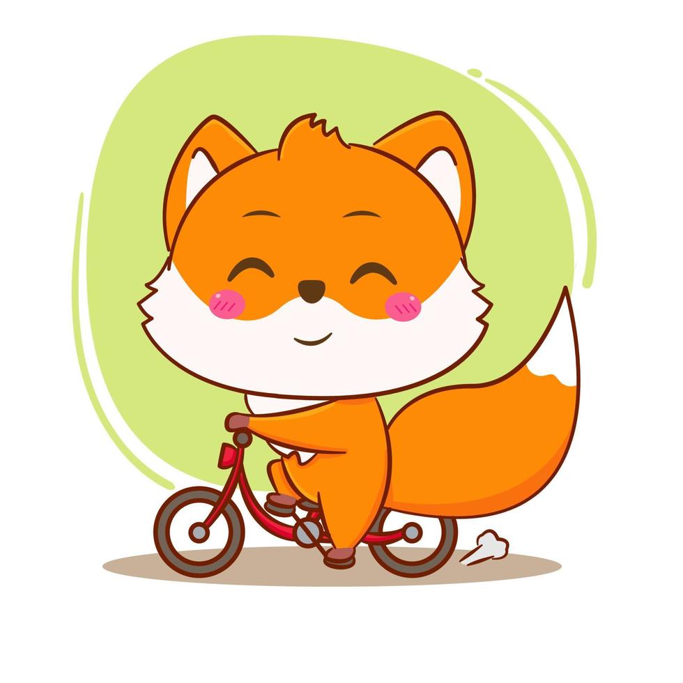 Cute fox riding bicycle cartoon character isolated hand drawn style vector