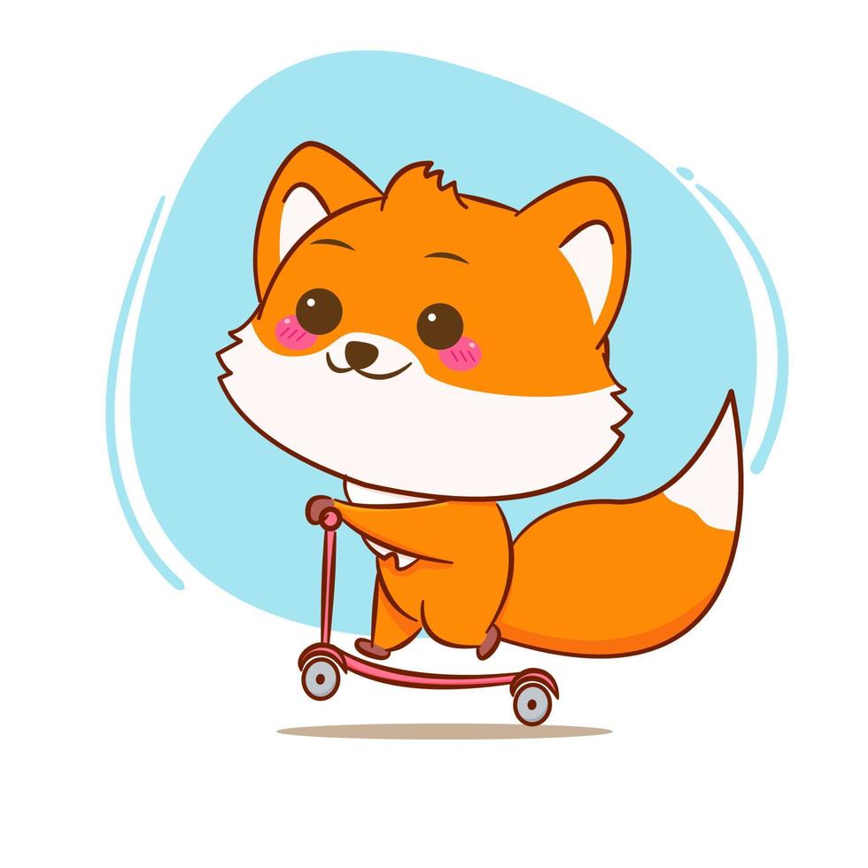 Cute fox riding scooter cartoon character isolated hand drawn style vector