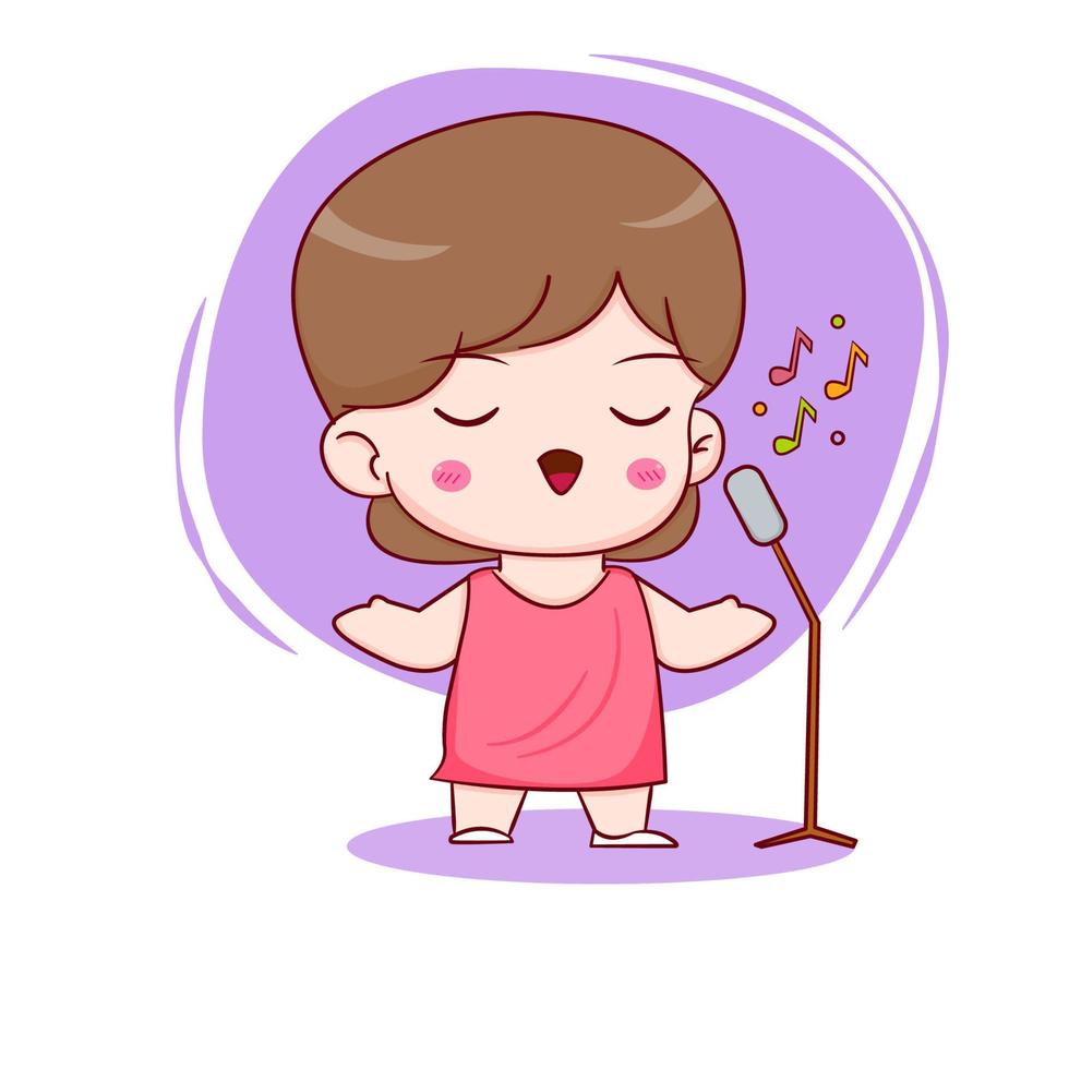 linda chica cantando con fondo de micrófono aislado. Dibujado a mano estilo chibi personaje plano fondo aislado. vector