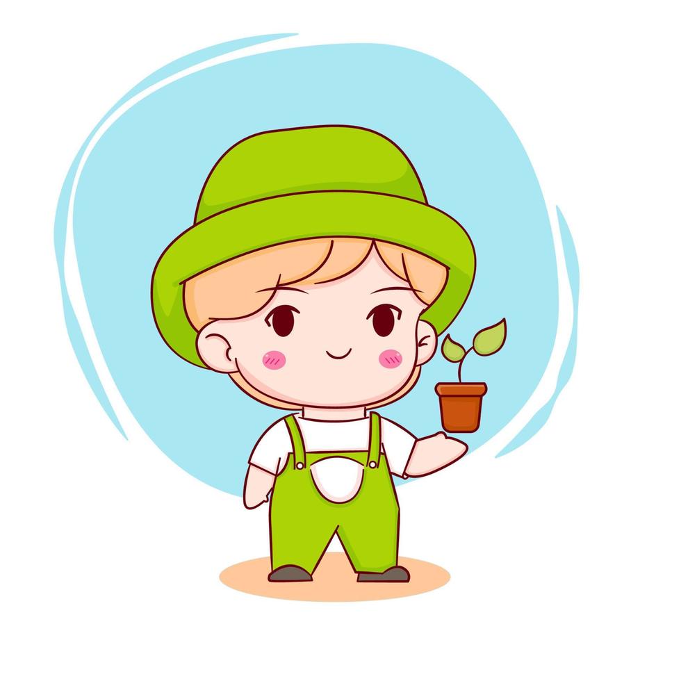 Cute girl standing with plant and watering can in hands. Hand drawn chibi style flat character isolated background. vector