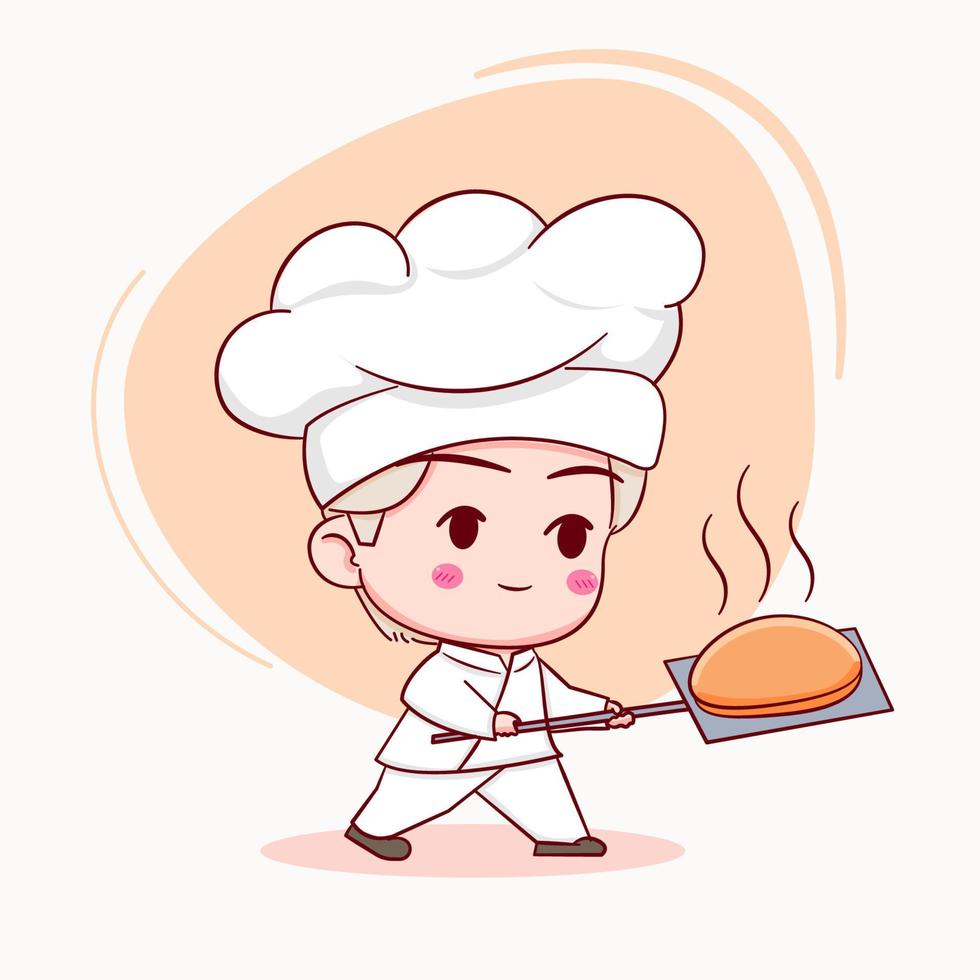 cute baker in uniform taking out bread from the oven vector