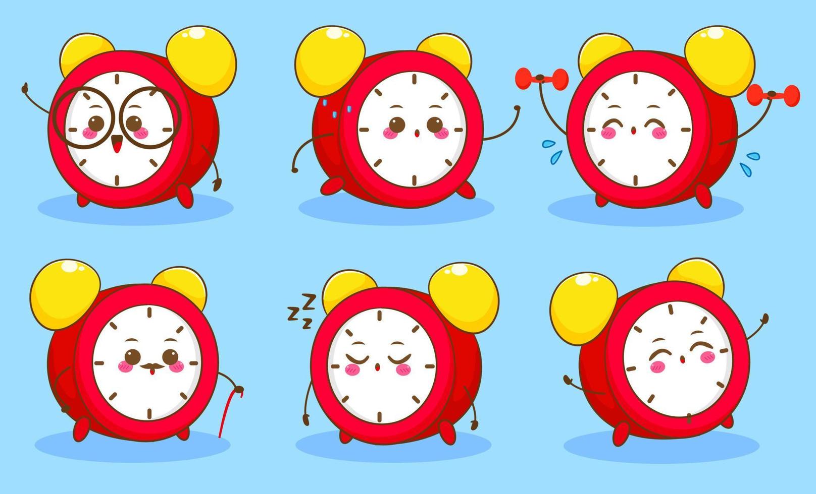 conjunto de lindo personaje de dibujos animados de reloj despertador vector