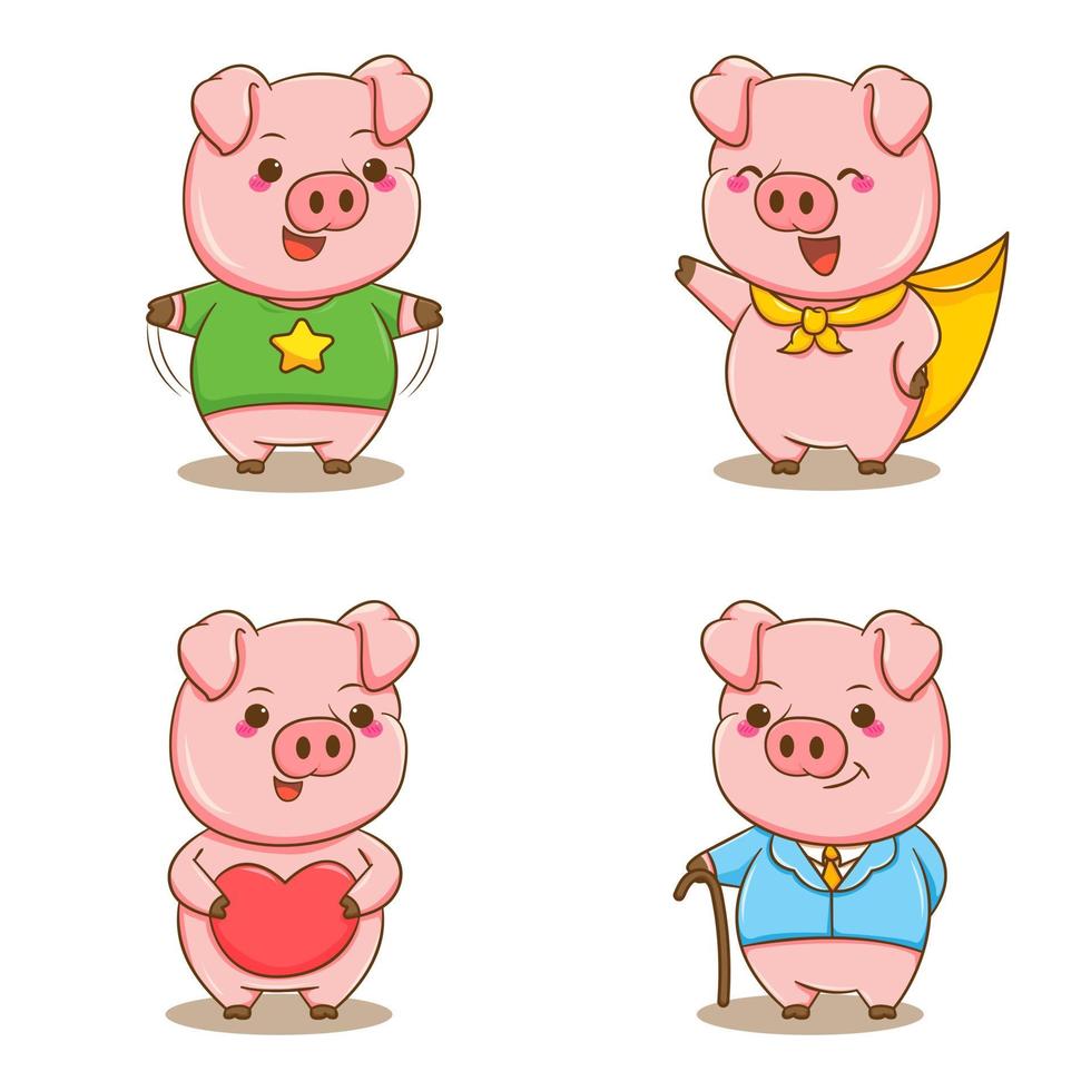 Set collection of cute pig with different pose. Animal cartoon character isolated white background vector