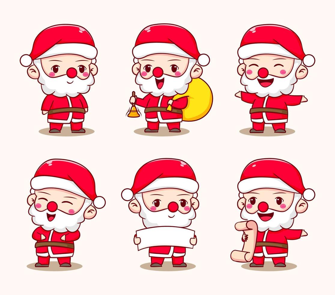 establecer lindo santa claus chibi personaje de dibujos animados aislado fondo vector