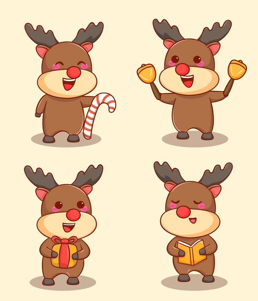 Set illustration of cute reindeer with different pose. Animal cartoon character isolated background vector