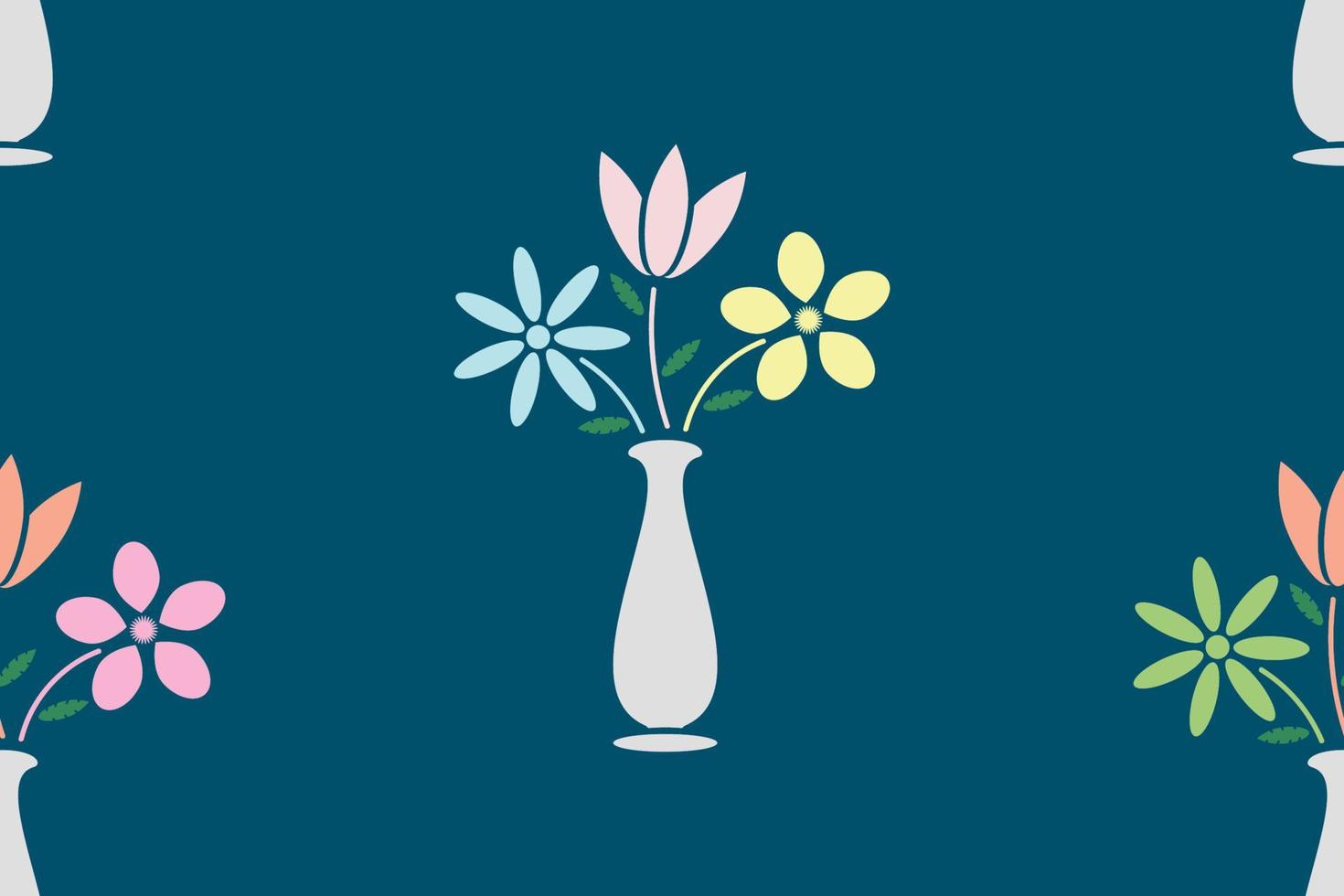 Seamless pattern.  Flowers in the vase on blue background. Vector illustration.