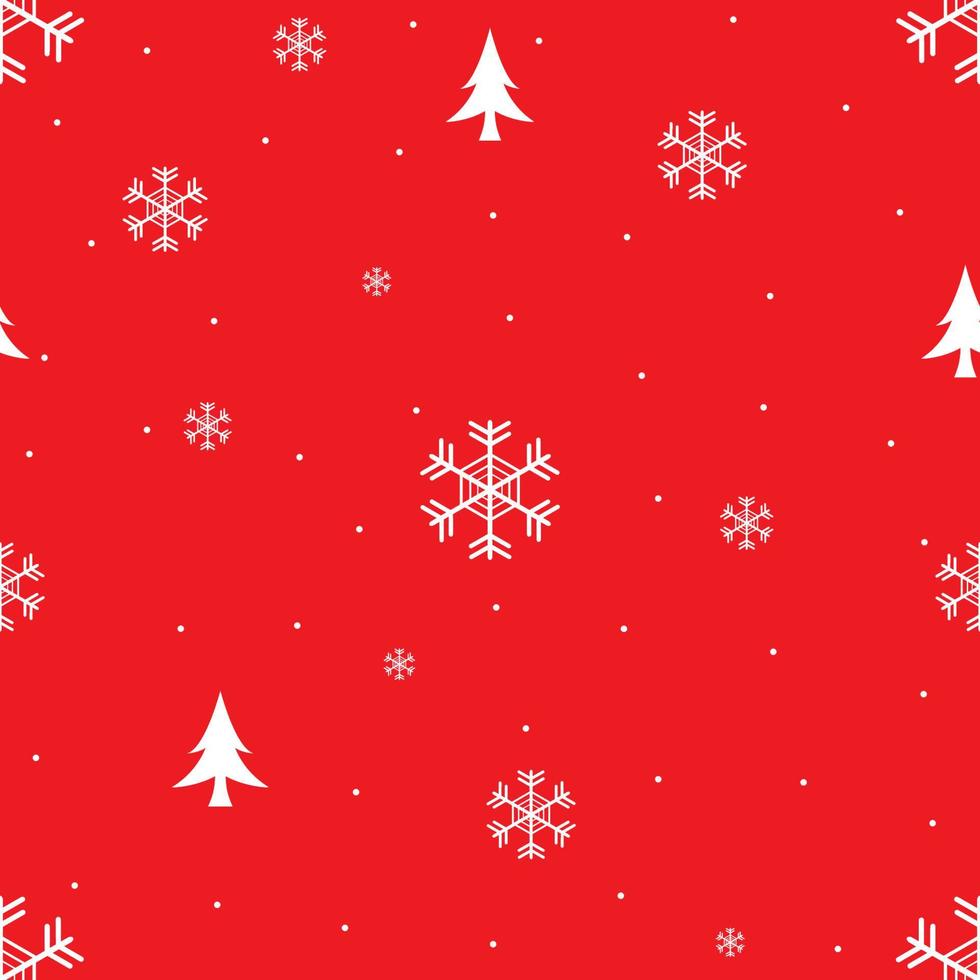 Seamless pattern with Christmas symbol, red and white color background, snow, snowflakes and tree. Vector illustration.