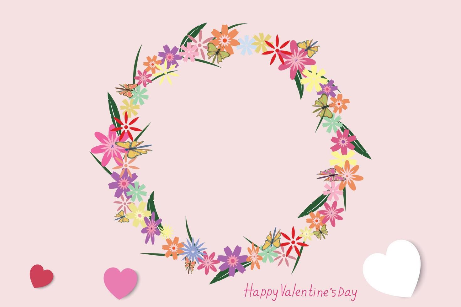 Valentine's Day background. Many beautiful flowers gathered together in a circle. similar to a flower garland. White, red and pink hearts symbolize love.  Vector, illustration. vector