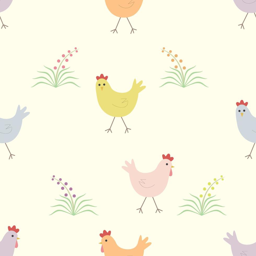 Seamless pattern with beautiful colors chicken and flowers. Vector, illustration. vector