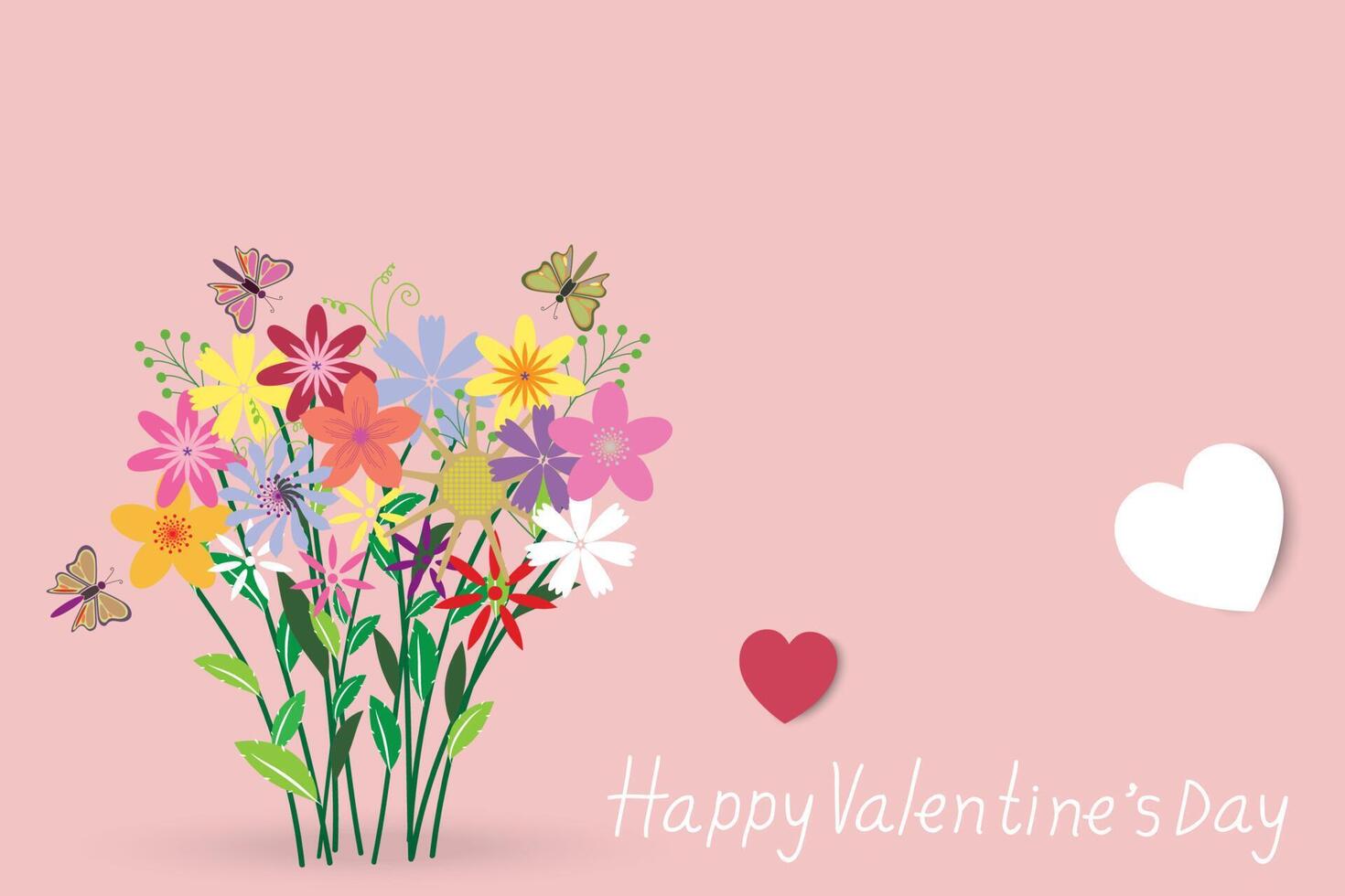 Valentine's Day background, many beautiful flowers are in a basket,  butterfly flew to see the flowers. White and red hearts symbolize love.  Vector, illustration. vector