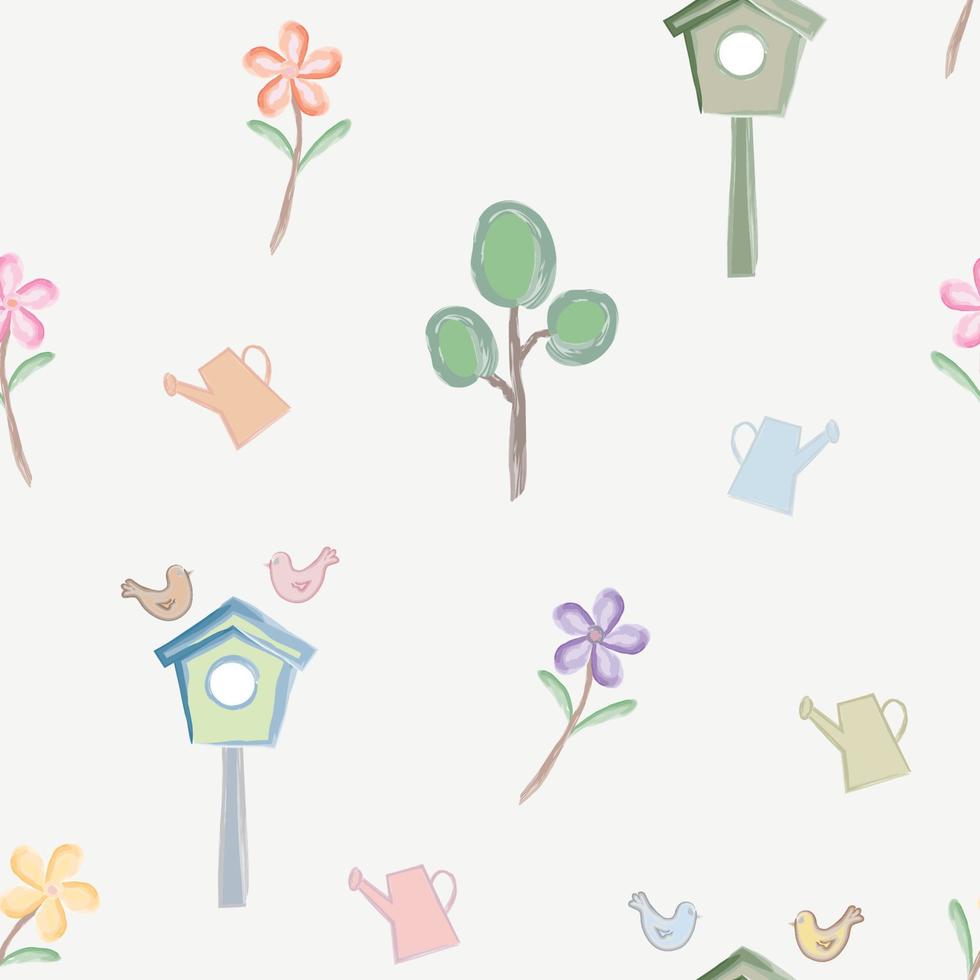 Acuarela de patrones sin fisuras con casa de pájaros, árboles, flores y regadera. vector, ilustración. vector