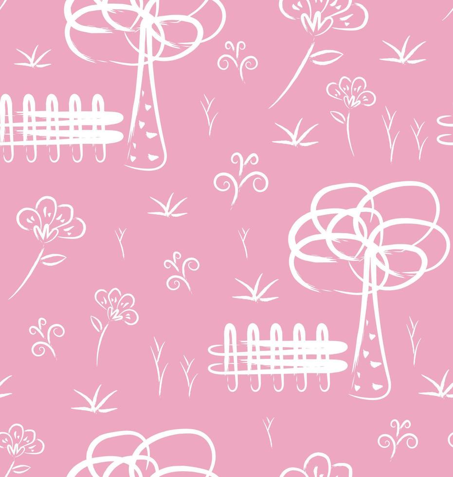 Seamless pattern with flowers and trees , white stripes on pink background. Vector illustration.