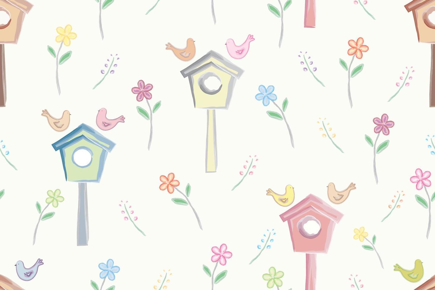 Watercolor seamless pattern with  bird house and flowers. Vector, illustration. vector