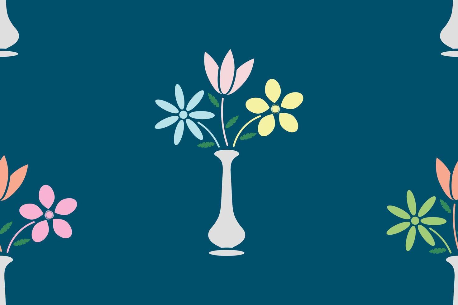 Seamless pattern.  Flowers in the vase on blue background. Vector illustration.