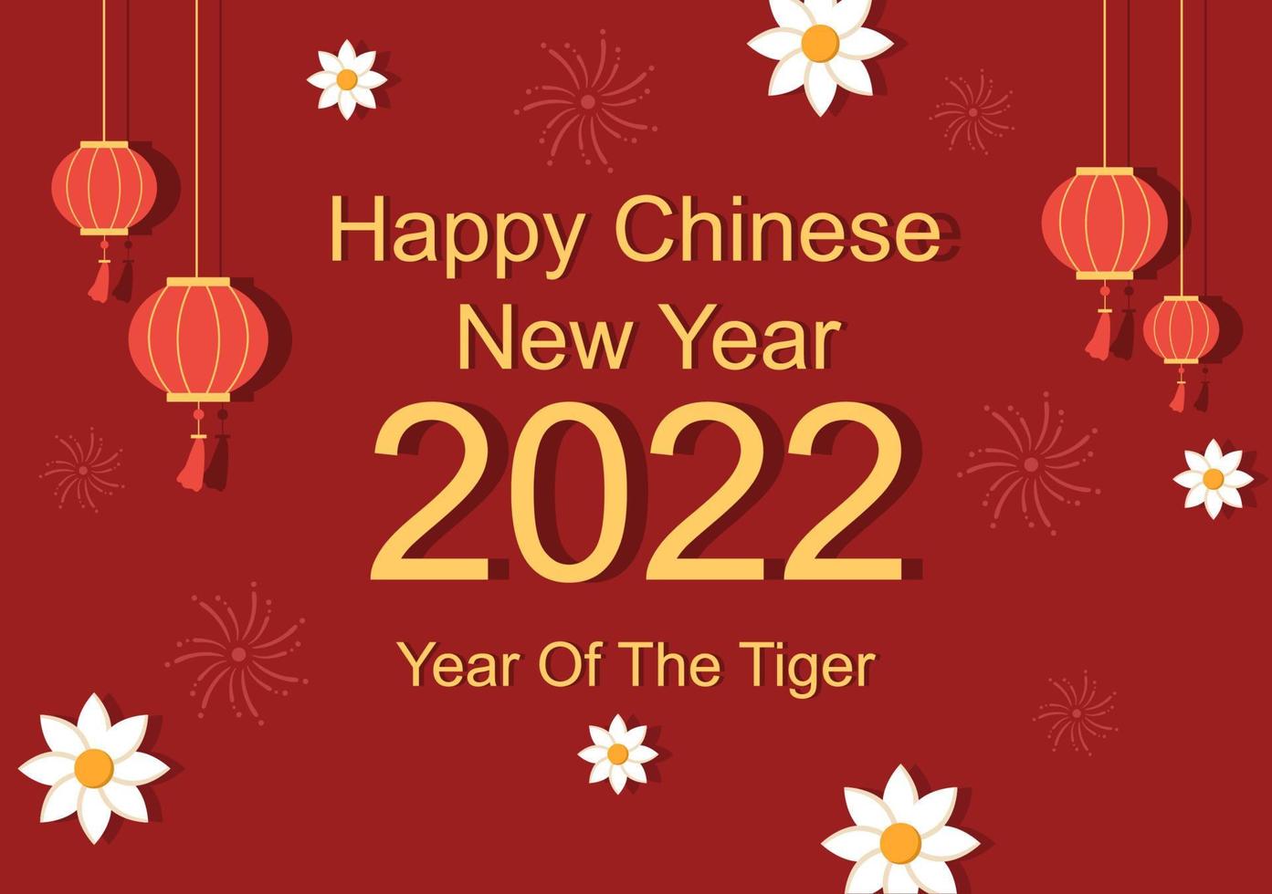 feliz año nuevo chino 2022 con zodiaco lindo tigre y flor sobre fondo rojo para tarjeta de felicitación, calendario o póster en la ilustración de diseño plano vector