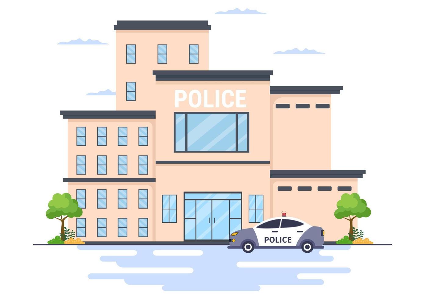 Edificio del departamento de la estación de policía con policía y coche de policía en la ilustración de fondo de estilo plano vector