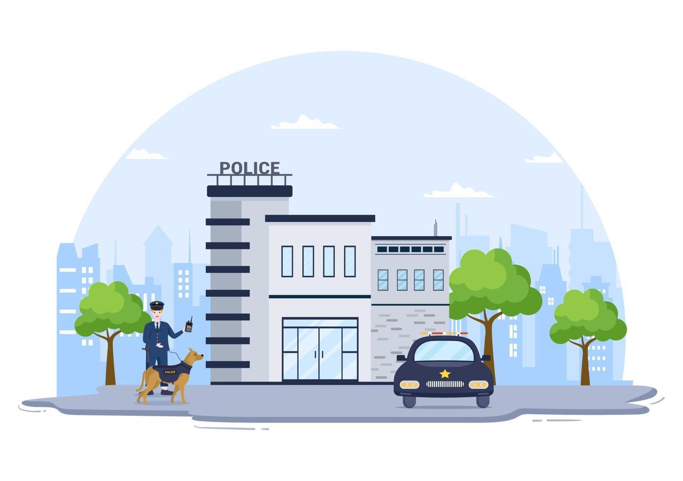 Edificio del departamento de la estación de policía con policía y coche de policía en la ilustración de fondo de estilo plano vector