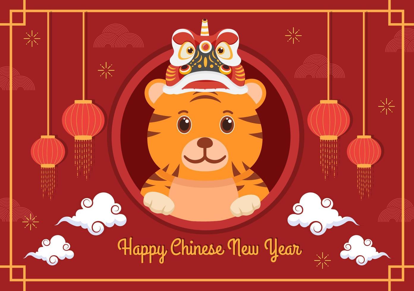 Happy Chinese New Year 2022 with Zodiac Cute Tiger and Flower on Red Background for Greeting Card, Calendar or Poster in Flat Design Illustration vector