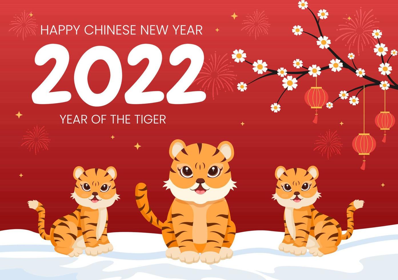 feliz año nuevo chino 2022 con zodiaco lindo tigre y flor sobre fondo rojo para tarjeta de felicitación, calendario o póster en la ilustración de diseño plano vector