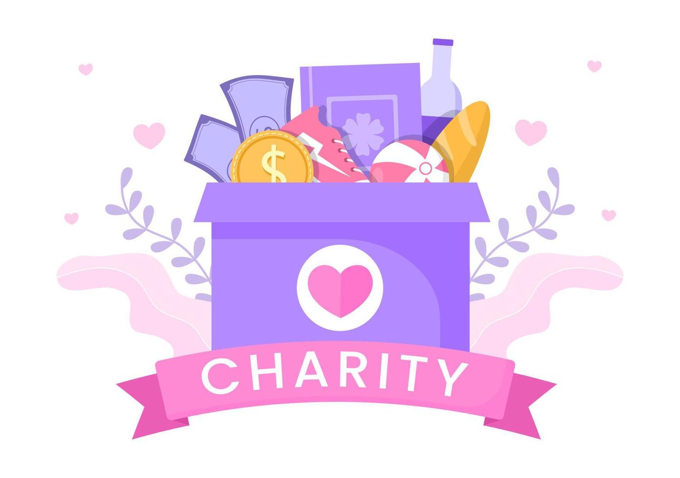 Love Charity or Giving Donation via Volunteer Team Worked Together to Help and Collect Donations for Poster or Banner in Flat Design Illustration vector