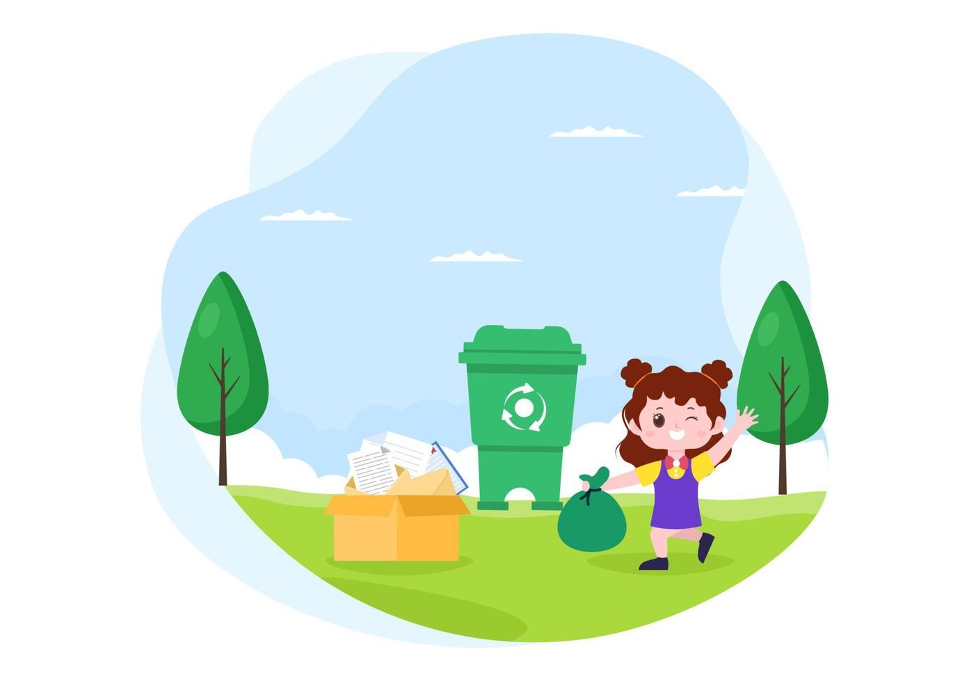 Recicle el proceso con basura orgánica, papel o plástico para proteger el medio ambiente ecológico adecuado para banner, fondo y web en ilustración plana vector