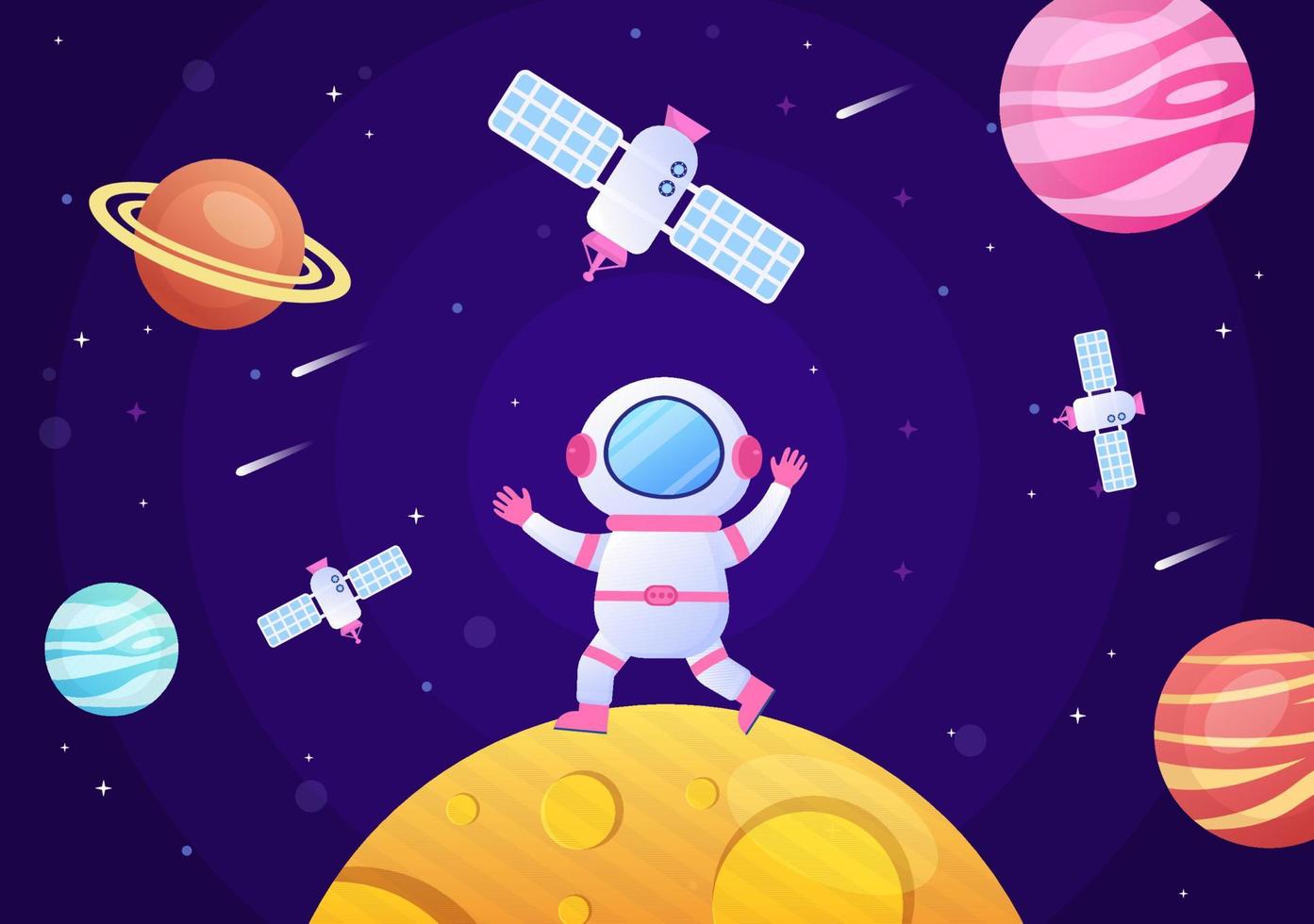 Artificial Satellites Orbiting the Planet Earth with Wireless Technology Global 5G Internet Network Communication and Astronaut in Flat Background Illustration vector