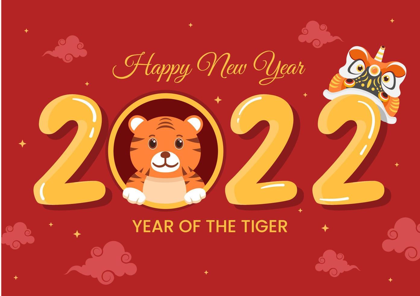 feliz año nuevo chino 2022 con zodiaco lindo tigre y flor sobre fondo rojo para tarjeta de felicitación, calendario o póster en la ilustración de diseño plano vector