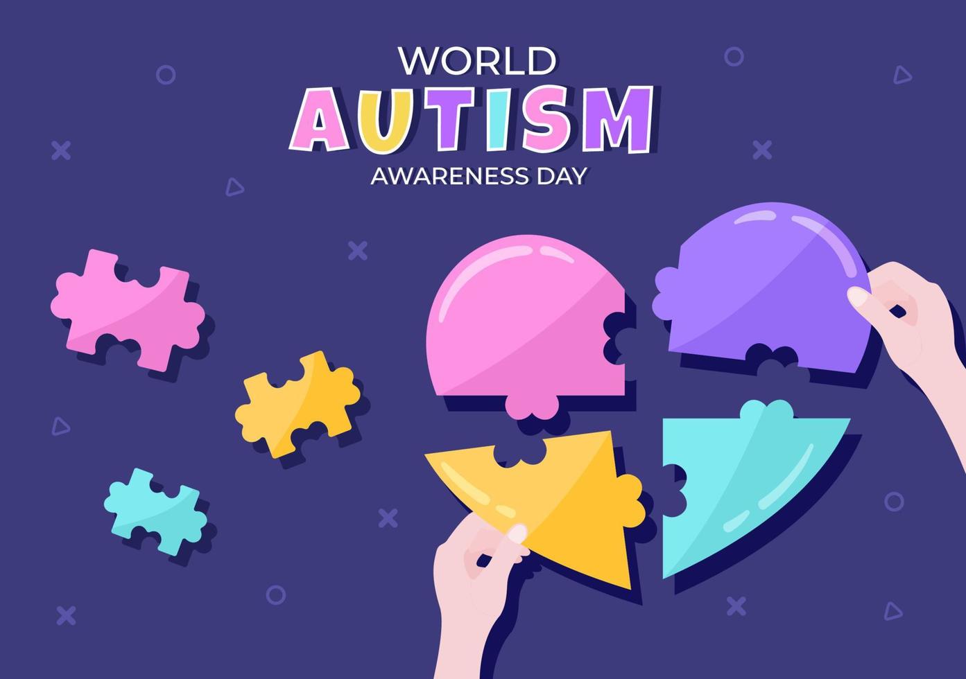 Día mundial de concientización sobre el autismo con piezas de mano y rompecabezas adecuadas para tarjetas de felicitación, carteles y pancartas en ilustraciones de diseño plano vector