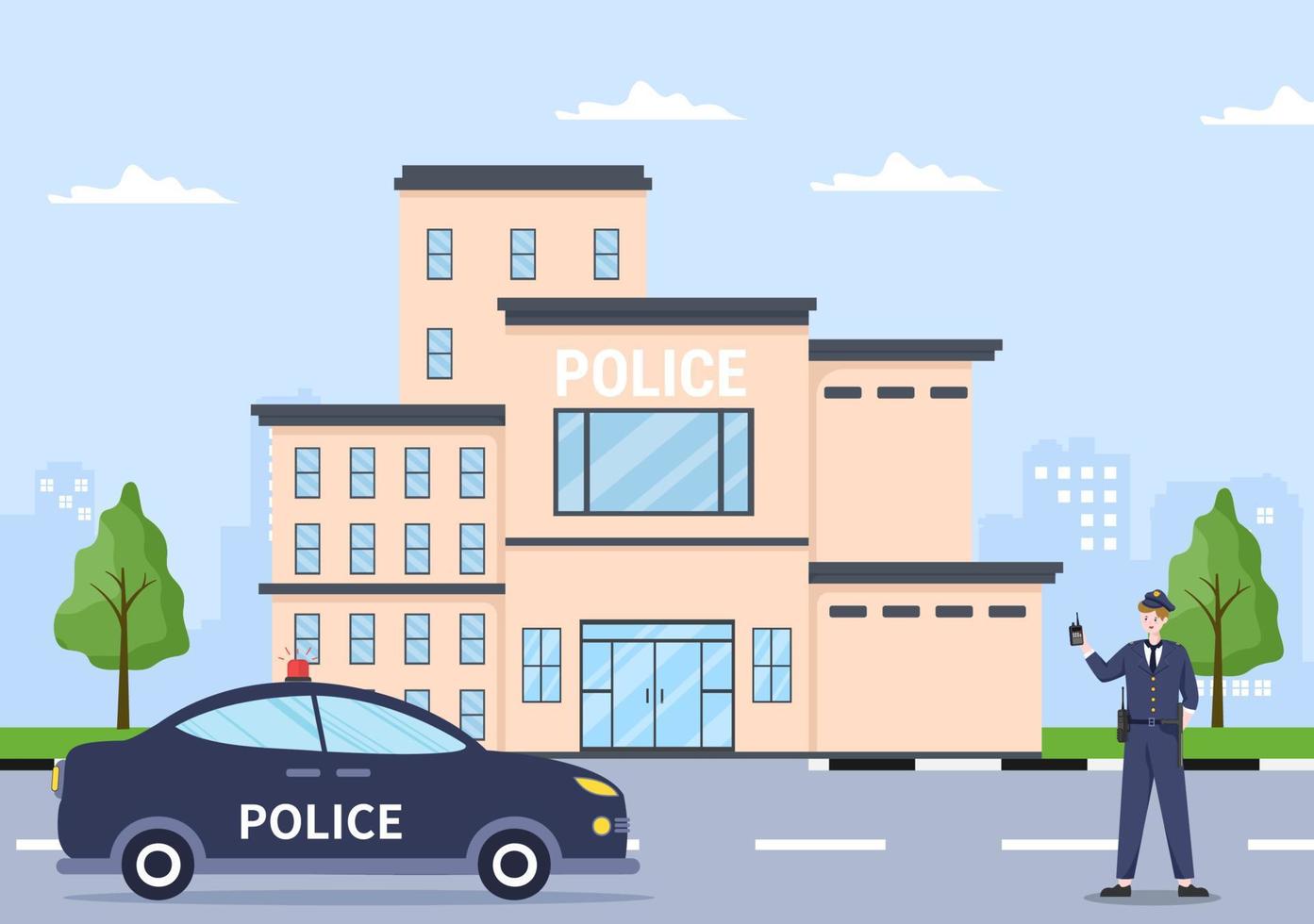 Edificio del departamento de la estación de policía con policía y coche de policía en la ilustración de fondo de estilo plano vector