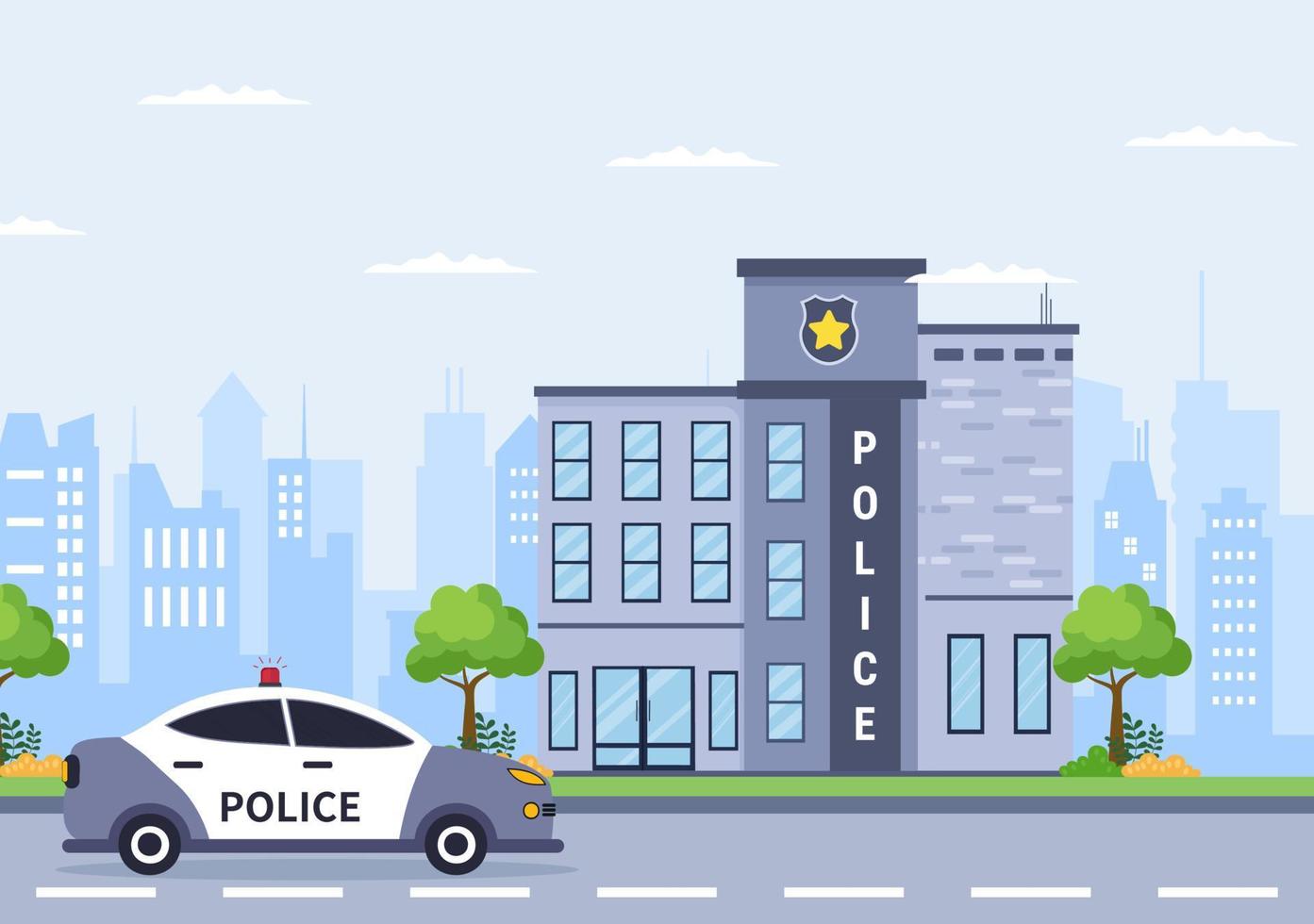 Edificio del departamento de la estación de policía con policía y coche de policía en la ilustración de fondo de estilo plano vector