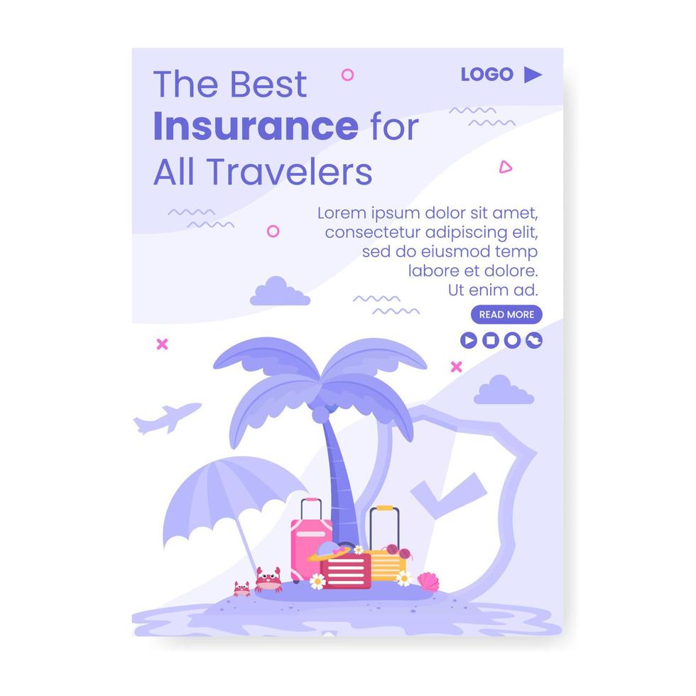 Ilustración de diseño plano de plantilla de cartel de seguro de viaje editable de fondo cuadrado para redes sociales, tarjetas de felicitación o internet web vector