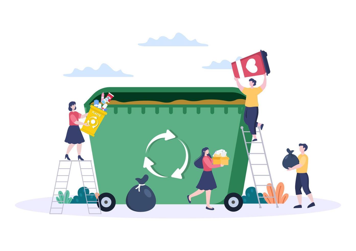 Recicle el proceso con basura orgánica, papel o plástico para proteger el medio ambiente ecológico adecuado para banner, fondo y web en ilustración plana vector